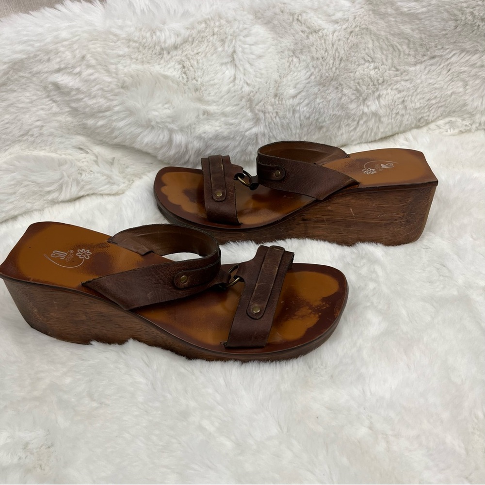 Vintage SO Y2K 90s Chunky Slip On Wooden Block Heel Platform Sandals Leather 11